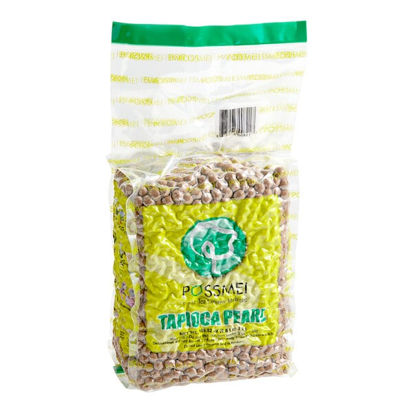 A white bag of Possmei Tapioca Boba Pearls with green text.