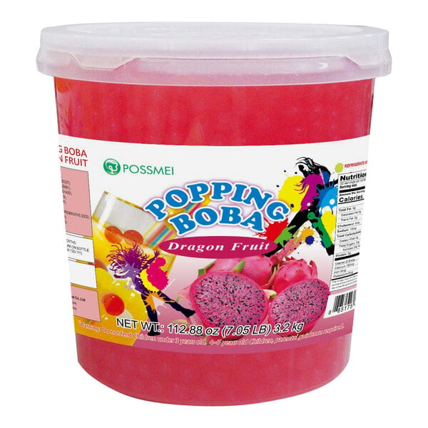 A container of Possmei Dragon Fruit Popping Boba on a table.