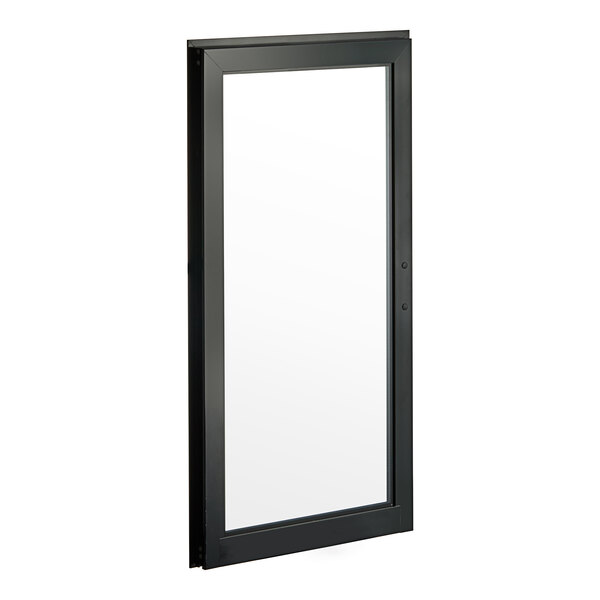A black rectangular glass door with a white background.