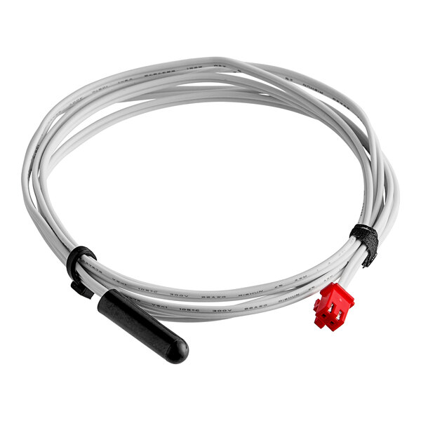 A white cable with a red connector on the end.