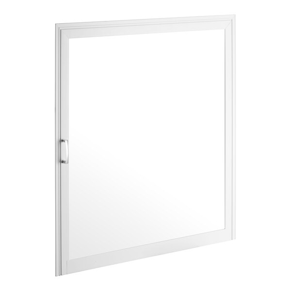 A white rectangular door with a window and a white frame.