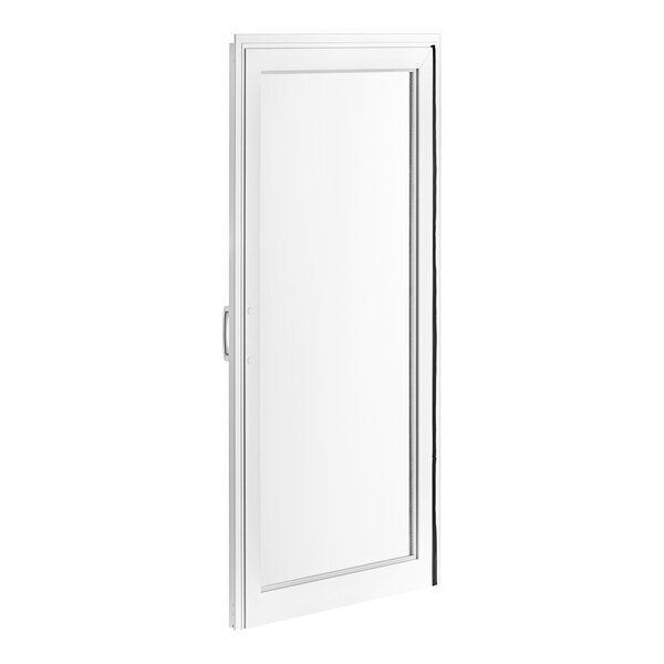 A white rectangular door with a white frame and a glass panel.