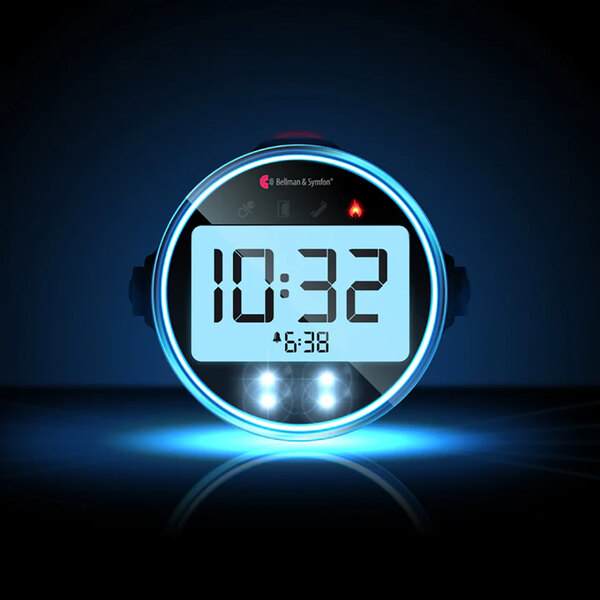 A Bellman & Symfon Visit digital alarm clock with blue and black circles showing the time.