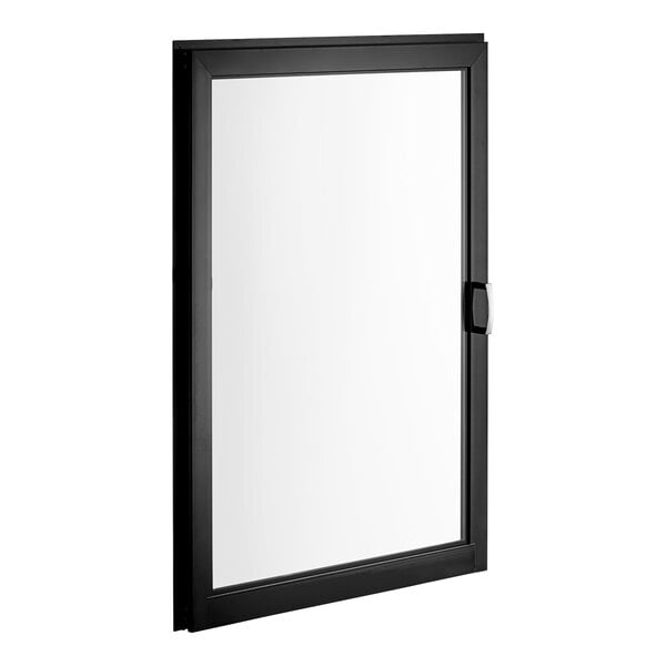 A black rectangular glass door with a white frame.
