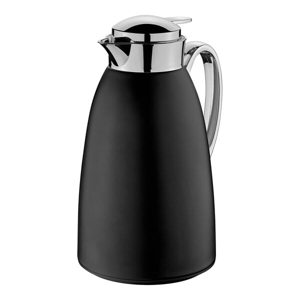 A matte black stainless steel coffee carafe with a stainless steel handle.