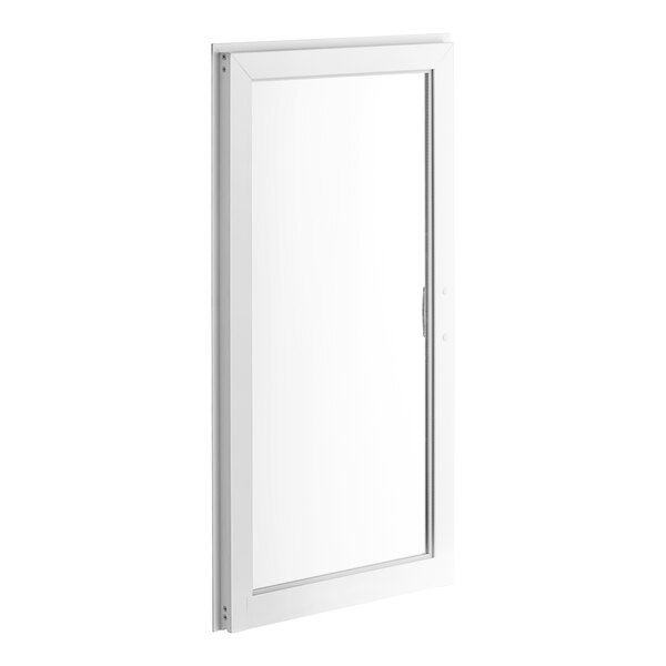 A white rectangular door with a glass panel.
