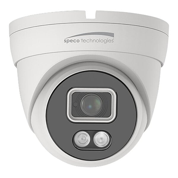 A white Speco Technologies turret camera with a black circle inside.