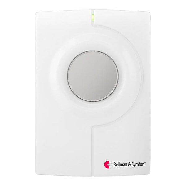 A white rectangular Bellman & Symfon doorbell push button with a white circle and black border.