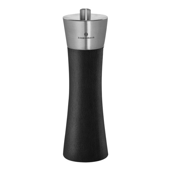 A black and silver Zassenhaus Augsburg salt mill with a beech wood handle.
