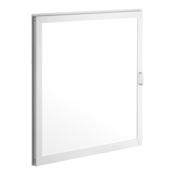 A white rectangular glass door with a white frame.