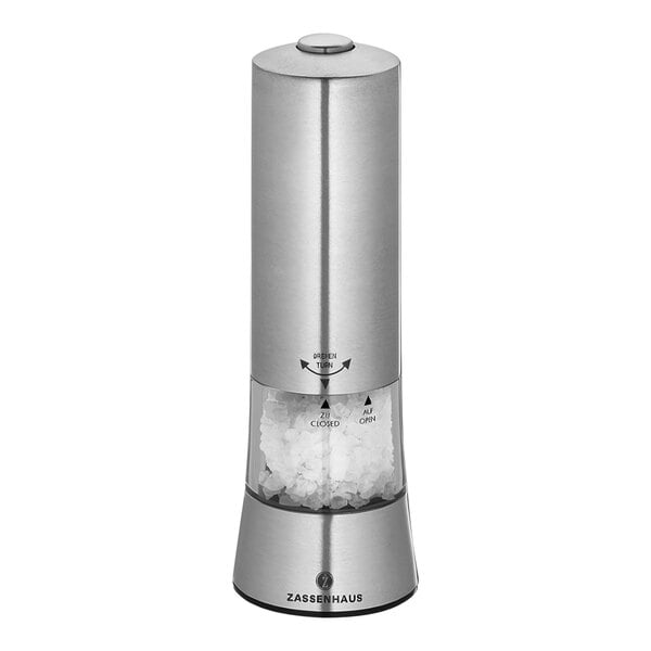 A silver and black stainless steel salt mill with a plastic lid.