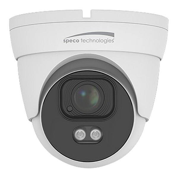 A white Speco Technologies turret camera with a black circle in the center.