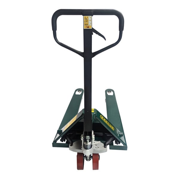 A Harper steel and black hand pallet truck with a handle.