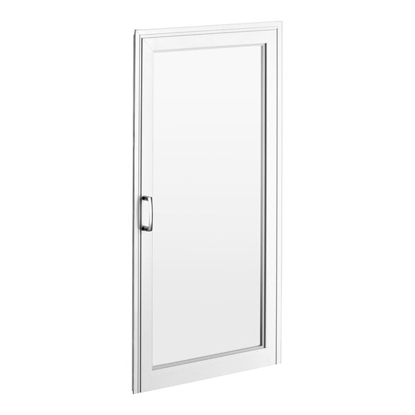 A white Avantco glass door with a silver handle.