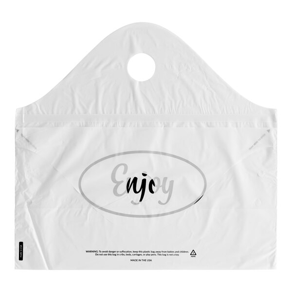 A white plastic tamper-evident wavetop bag with a handle hole and the word 'Enjoy' printed on the front.
