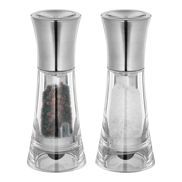 A Kuchenprofi salt and pepper mill set with acrylic bodies and silver tops.