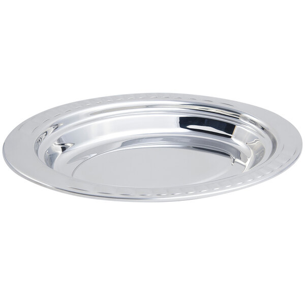 A stainless steel oval food pan with an arches design on the rim.