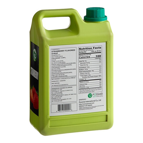 A green container of Possmei strawberry concentrated syrup with a label.