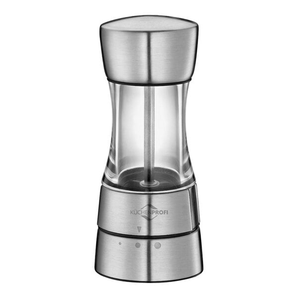 A Kuchenprofi stainless steel salt and pepper mill with a glass lid.
