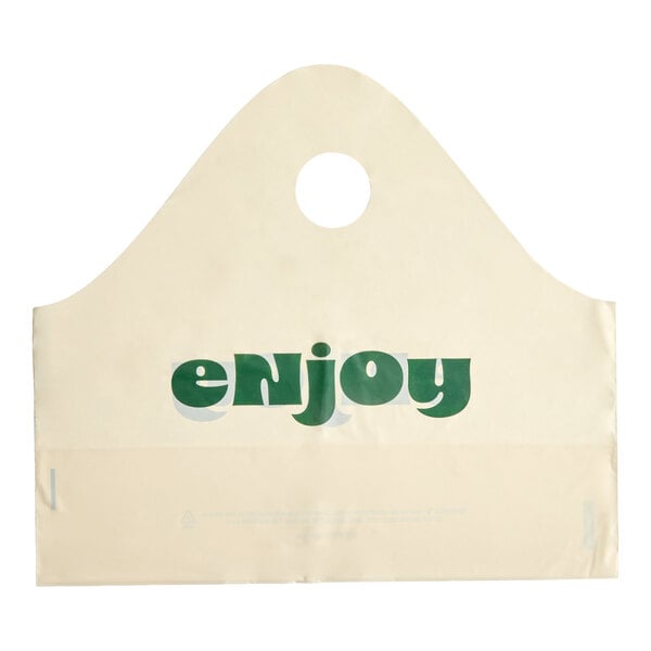 A beige plastic wavetop bag with a circular handle cutout and the word 'enjoy' printed on the front in green letters.