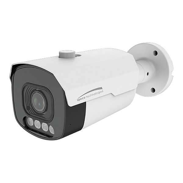 A close-up of a white Speco Technologies security camera.