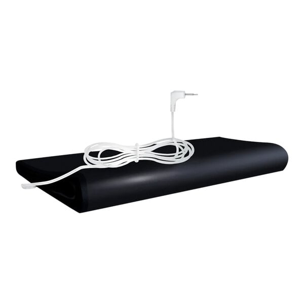 A black roll of fabric with white plastic strips and a white cord.