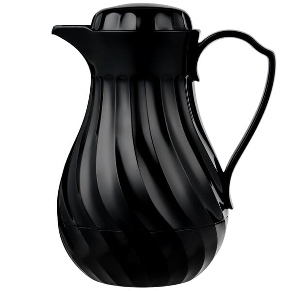 A black Vollrath SwirlServe beverage server with a handle.