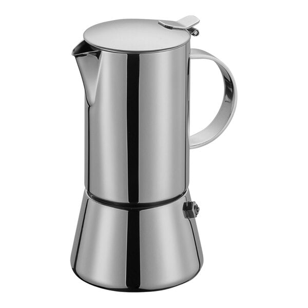 A silver stainless steel Cilio stovetop espresso maker with a handle.