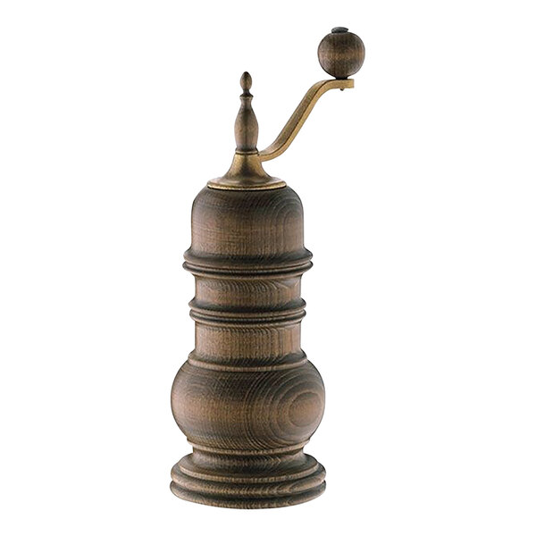 A Zassenhaus Speyer beech wood pepper mill with a gold top and brass handle.
