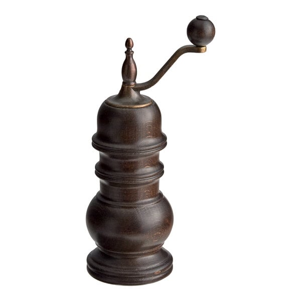 A vintage-style pepper mill made of dark beech wood with a hand crank handle.
