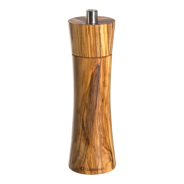A Zassenhaus Frankfurt olive wood pepper mill with a wooden handle.