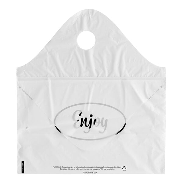 A white plastic tamper-evident wavetop bag with a handle and the word 'Enjoy' printed on the front.