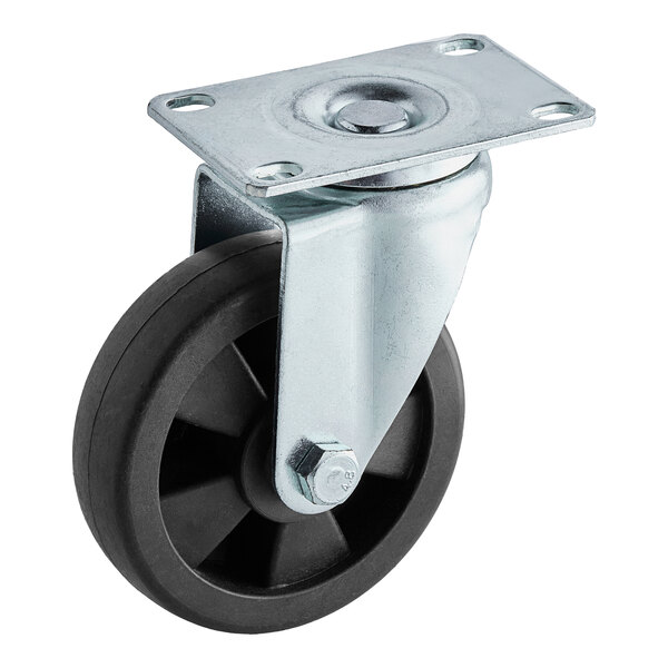 An Avantco swivel plate caster with a metal wheel and black rubber tire.