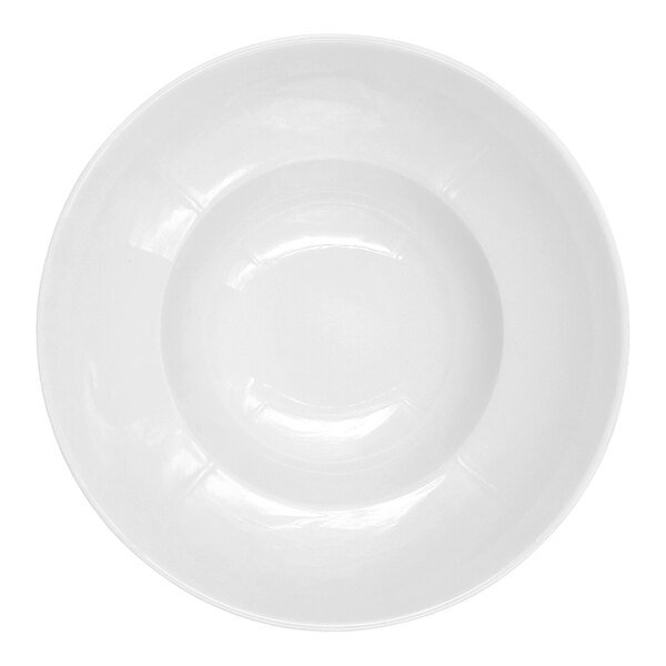 A close-up of a RAK Porcelain extra deep white porcelain plate with a circular rim.