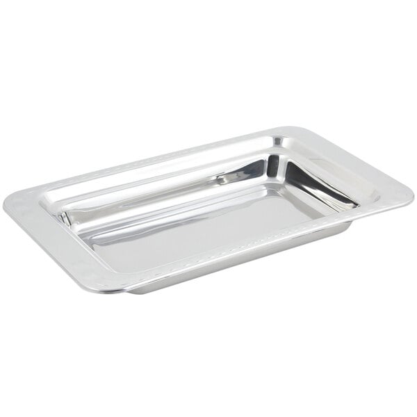 A Bon Chef stainless steel rectangular food pan with an arches design handle.