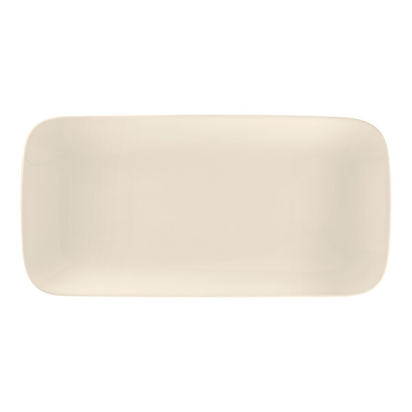 A white rectangular RAK Porcelain Bravura bone china plate with a black border.