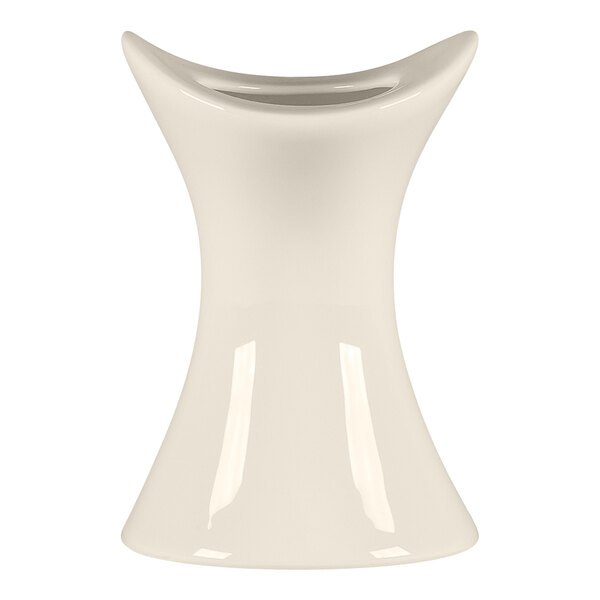 A white vase with a curved neck.