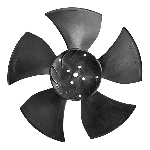 A black Avantco condenser fan blade with holes.