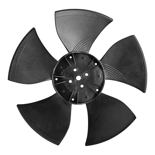A black Avantco condenser fan blade with four blades.