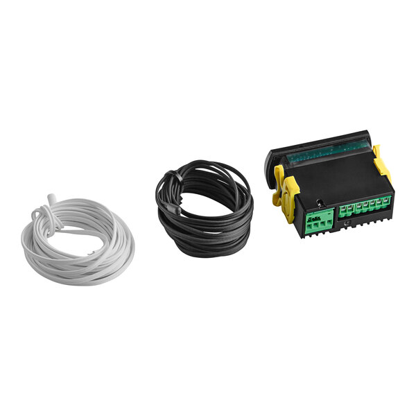 An Avantco Carel controller with black, green, and yellow ports and wires.