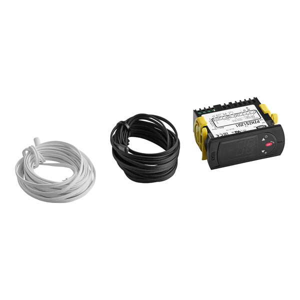 A black and white electronic Carel controller with wires.