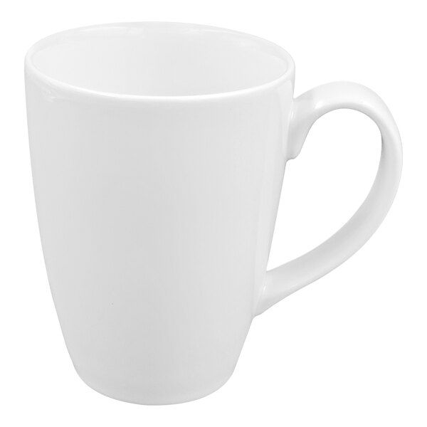 A close-up of the white handle on a RAK Porcelain Classic Polaris Flora Mug.