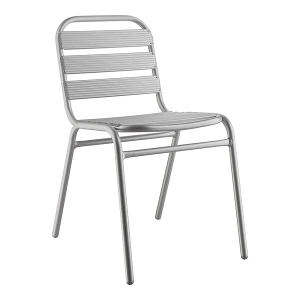 A gray powder-coated steel Lancaster Table & Seating outdoor side chair.