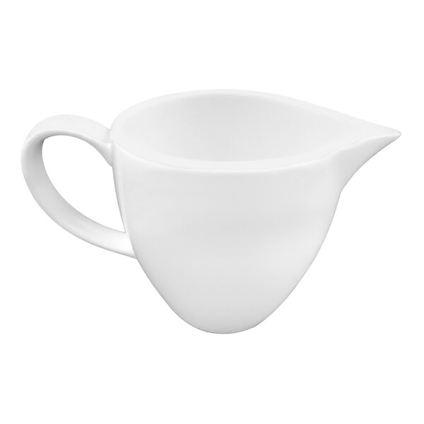 A white RAK Porcelain creamer with a handle.