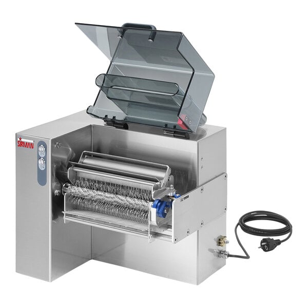 A Sirman Drake automatic meat tenderizer with a meat stripper attachment.
