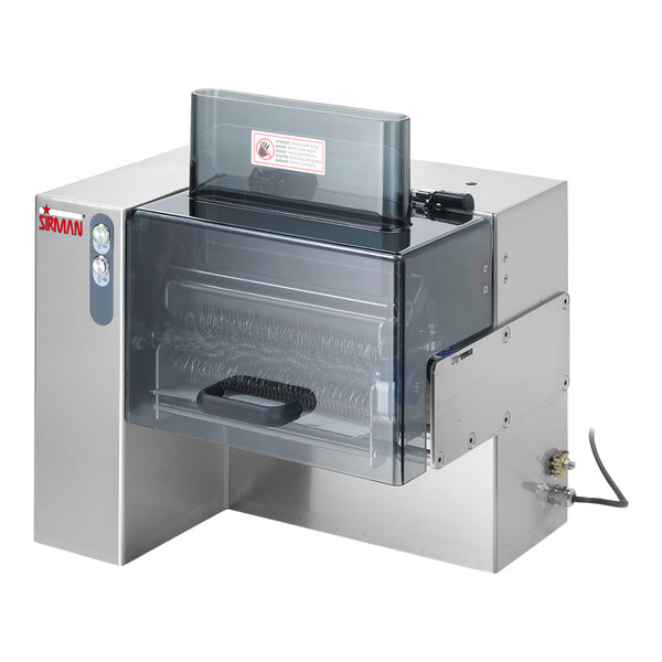 A Sirman Drake meat tenderizer machine with a clear lid.