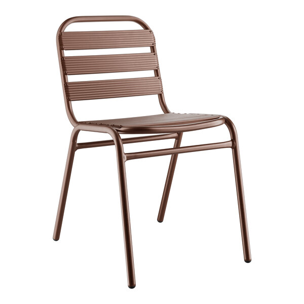 A bronze powder-coated steel outdoor side chair with a wooden seat.