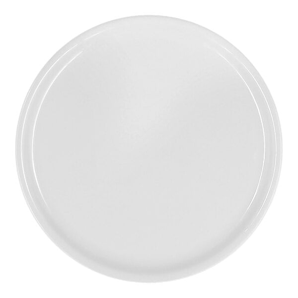 A close-up of a RAK Porcelain white pizza plate with a round rim.