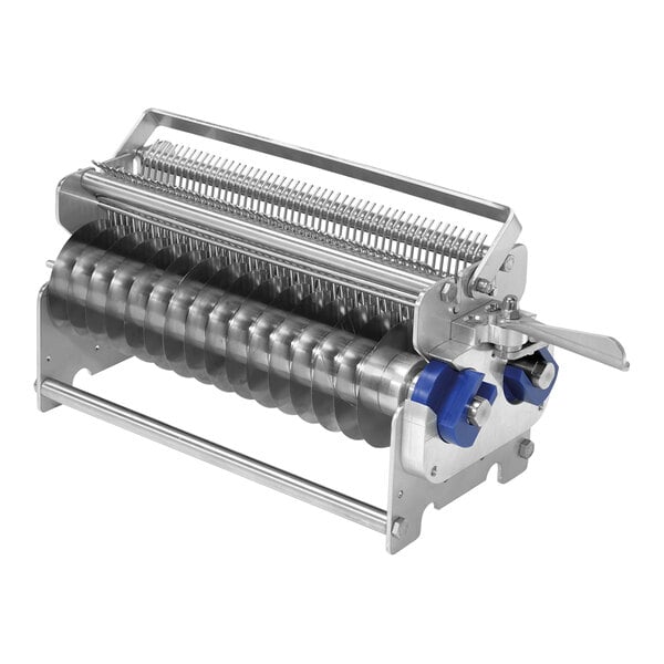 A Sirman meat stripper machine with 48 metal blades and a blue handle.