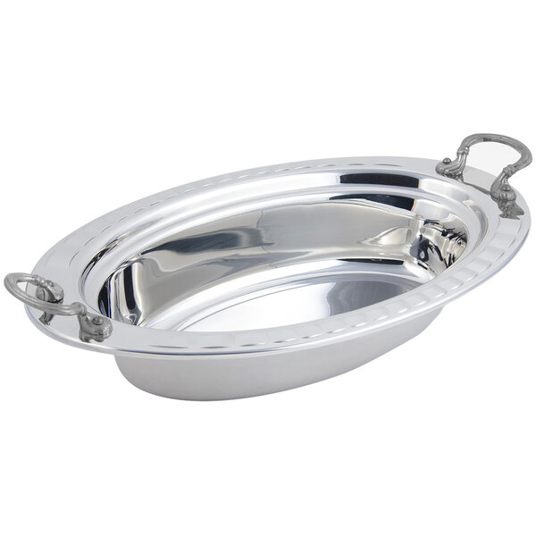 A stainless steel oval food pan with round stainless steel handles.